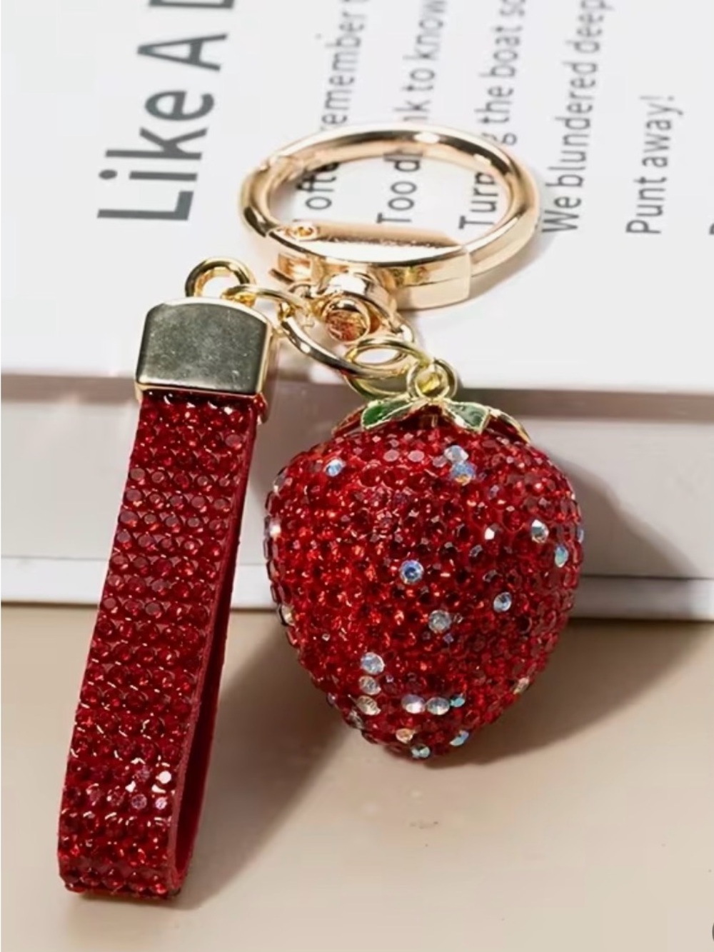 Red Crystal Strawberry Keychain bag charm with Strap